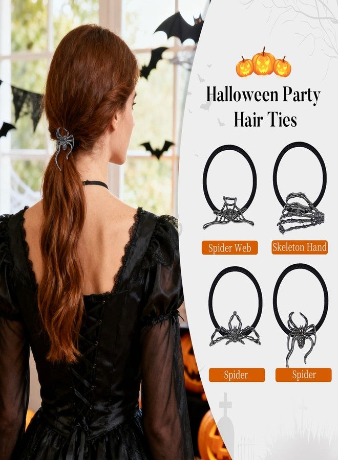 Tiefebene 4PCS Halloween Hair Ties, Silver Black Spider Web Skeleton Hand Skull Hair Ties, Gothic Metal Ponytail Hair Cuff for Women, Hiphop Metal Durable Elegant ponytail holders, Halloween Hair Accessories - Image 2